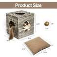 thumbnail image 2 of Pefilos 15.7" Square Cat Condo, Wicker Kitten House Rattan Cave Cat Bed with Rattan Ball and Cushion, Gray, 2 of 6