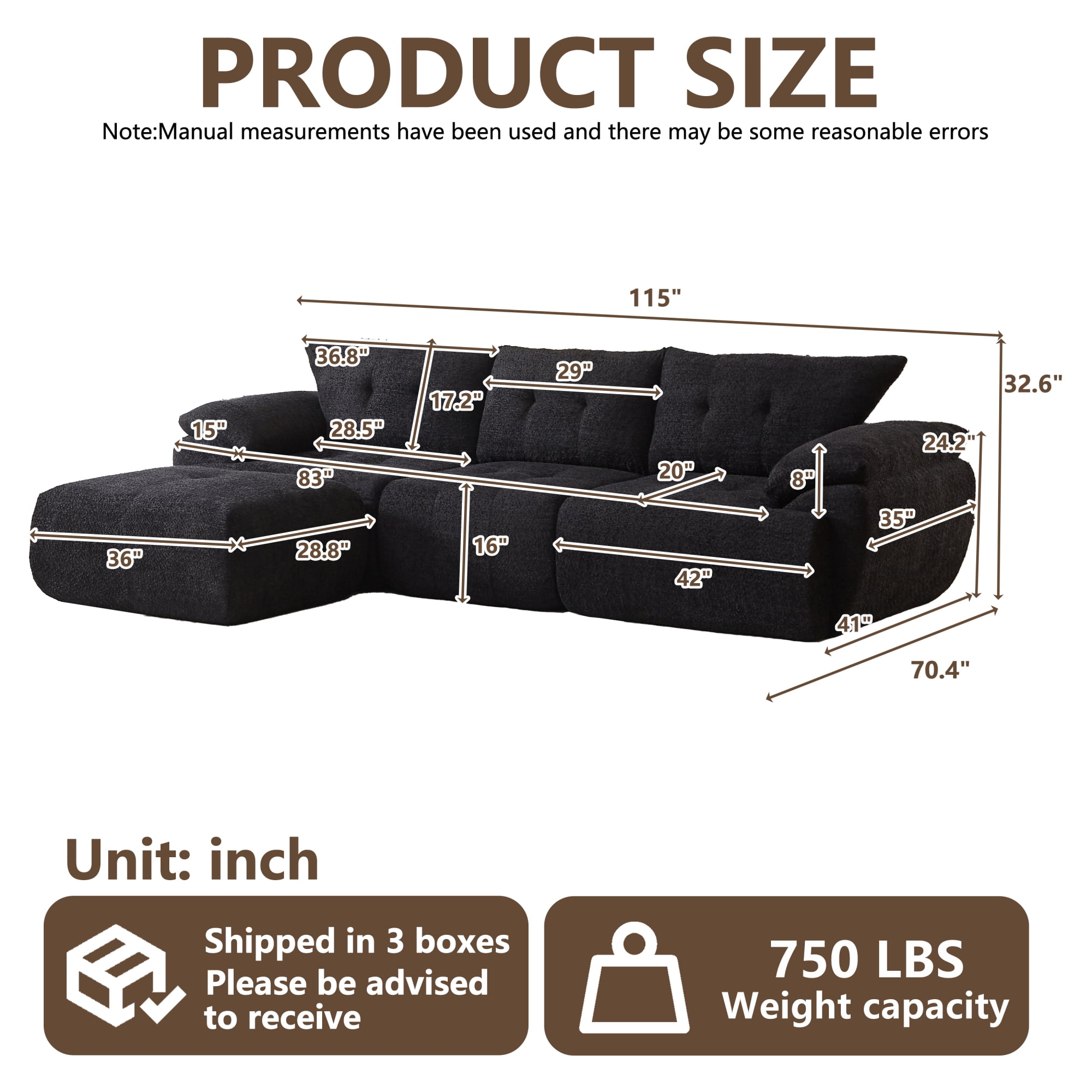 Leumius 115" Modern 3-Seater Sofa, Chenille Sofa with Upholstered Backrest, Curved Horn Backrest for Living Room, Bedroom, Apartment, Office,Black