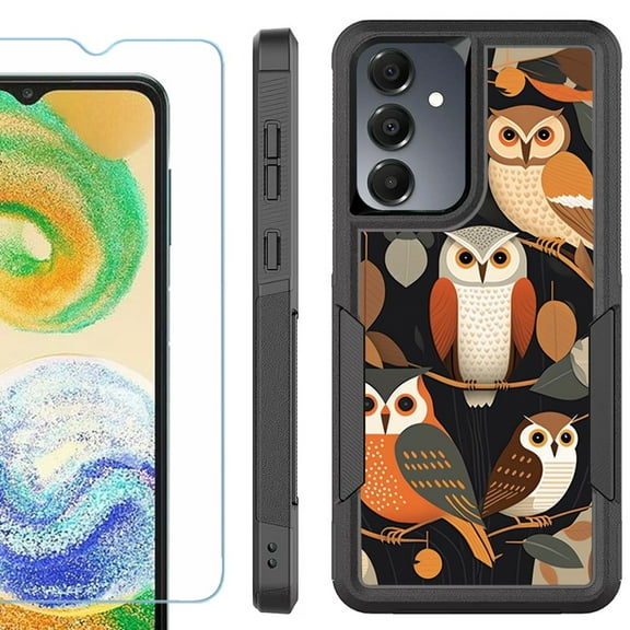 Heavy Duty Dual Layer Hybrid Phone Case for Samsung Galaxy S24 FE 5G with Tempered Glass Screen Protector, by OneToughShield - Owl Mix