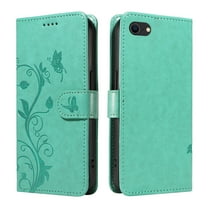 iPhone 7 8 Case Wallet with Cards Holder, iPhone SE 2022/2020 Case 2nd 3rd Gen, Allytech Stylish Butterfly Embossed Shockproof Protective Flip Stand Cover for Girls Women Hand Wrist Case, Green