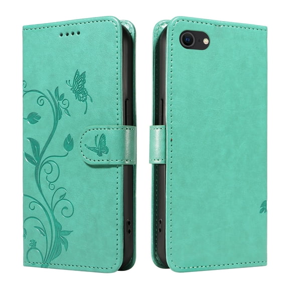 iPhone 7 8 Case Wallet with Cards Holder, iPhone SE 2022/2020 Case 2nd 3rd Gen, Allytech Stylish Butterfly Embossed Shockproof Protective Flip Stand Cover for Girls Women Hand Wrist Case, Green