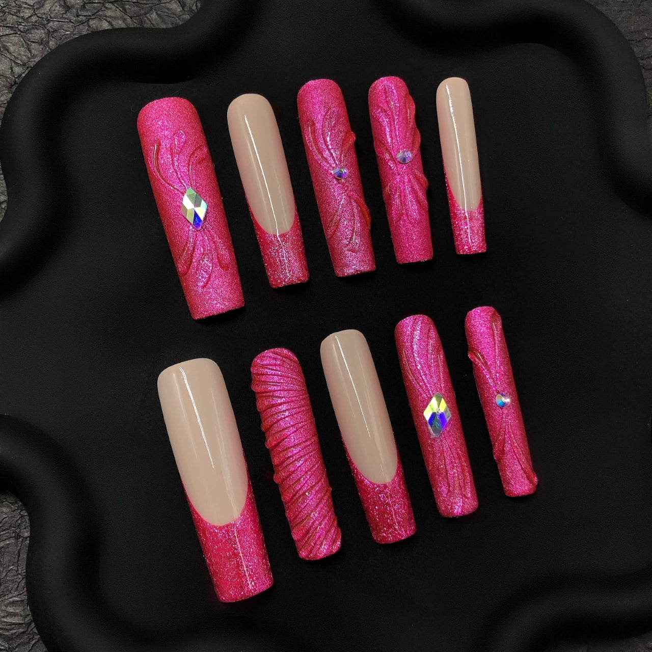 10pcs Set Handmade Press-On Nails - Hot Pink Glitter French Tip with 3D Floral Emboss & Rhinestones, Long Coffin Fake Nails