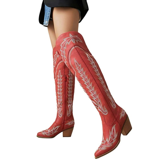 Thigh High Cowboy Boots for Women Wide Calf Embroidered Knee High Western Cowgirl Booties Pointed Toe Over The Knee Fall Boots Red Size E