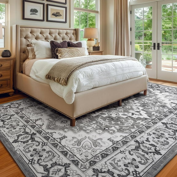 8 x 10 Area Rugs for Living Room - Machine Washable Area Rugs Boho Faux Wool Low Pile Area Rug for Bedroom, Floral Medallion Vintage Rugs with Non-Slip Rubber, Kid & Pet Friendly, Grey Beige
