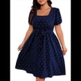 thumbnail image 2 of Vestido Elegante de Talla Grande con Lunares Retro, Cuello Cuadrado y Lazo en la Cintura para Mujer Azul Oscuro XXL, 2 of 9