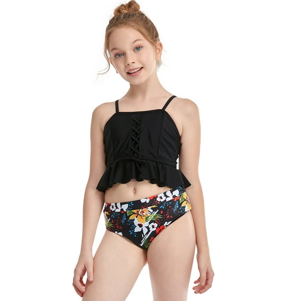 Girls Swimsuits Set Flower High Waisted Bathing Suit Kids Bikini for  Children