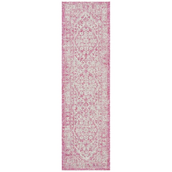 SAFAVIEH Courtyard Euclid Medallion Indoor/Outdoor Runner Rug, Fuchsia/Grey, 2'3" x 9'