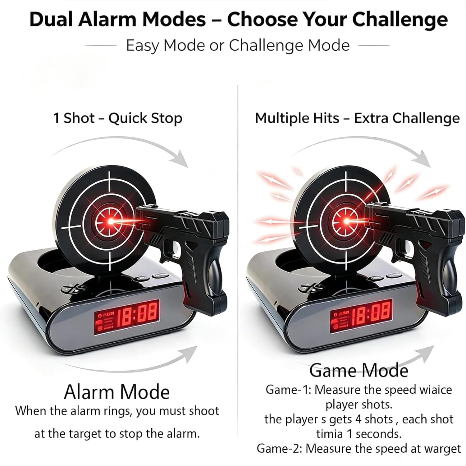 Alarm Clock with Gun, Interactive Shooting Game, Large LED Display, Custom Ringtones & 2 Alarm Modes, Fun Shot Timer Clock for Heavy Sleepers, Bedroom Home Office (#B)