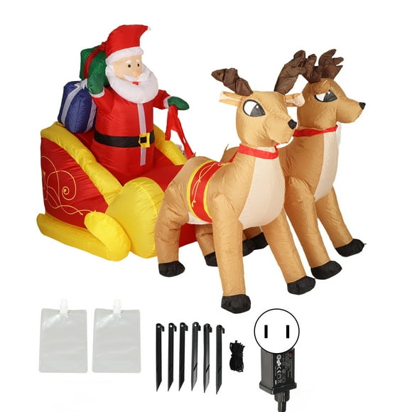 Inflatable Santa Sleigh Decoration Polyester Luminous with Powerful Fan Christmas Santa and Reindeer for Party US Plug 100-240v