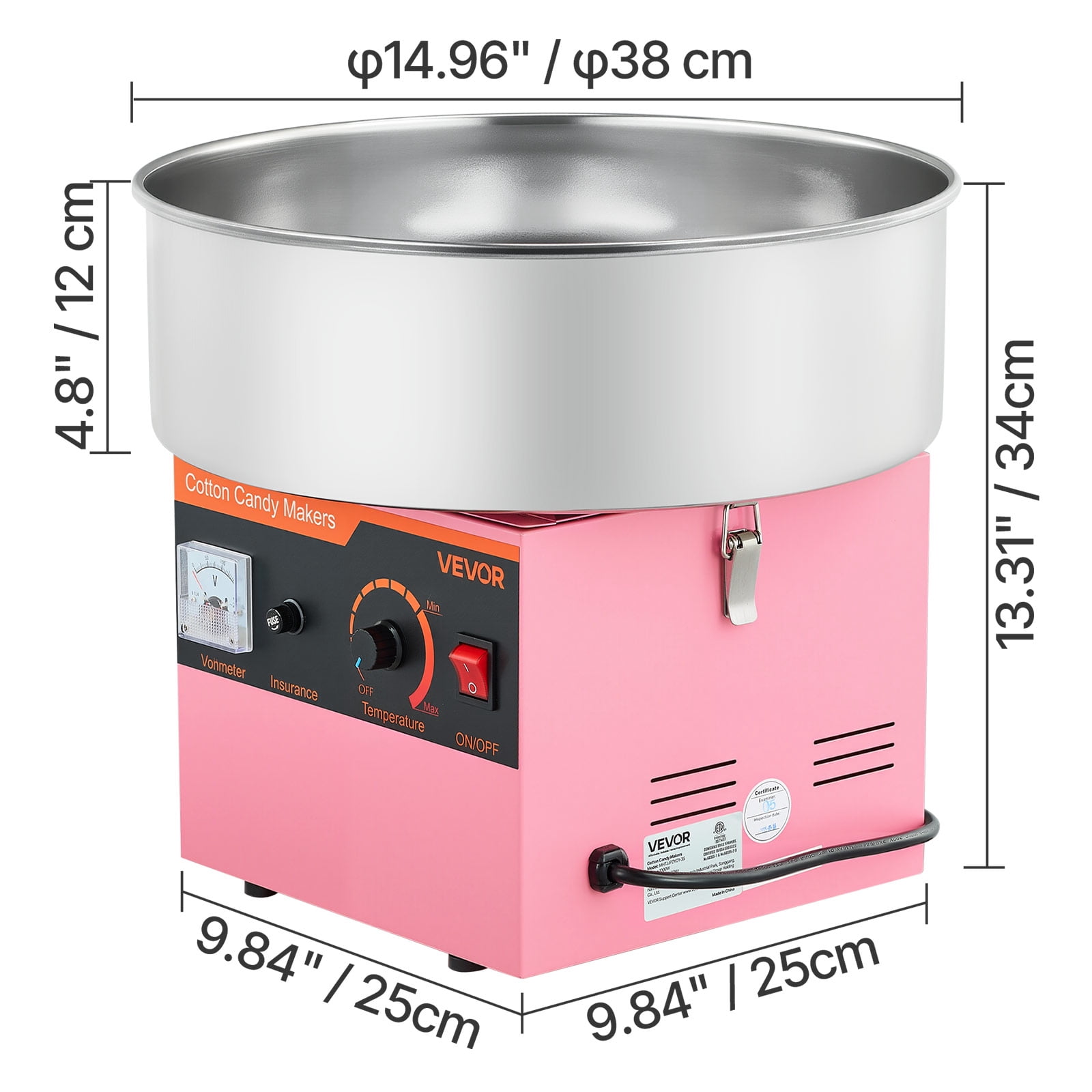 VEVOR Cotton Candy Machine Commercial, 1000W Electric Candy Floss Maker, Easy Use with 15 inch Stainless Steel Bowl and Sugar Scoop, Makes Hard Candy for Home Kids Birthday, Family Party, Pink