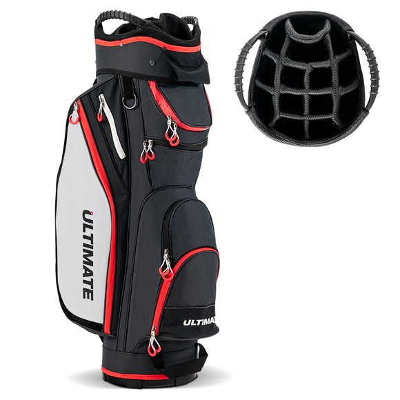 Patiojoy Golf Cart Bag Lightweight Portable Golf Club Bag with 14-Way Dividers 8 Zippered Pockets Including Cooler Bag Rain Hood and Shoulder Strap for Men Women Black