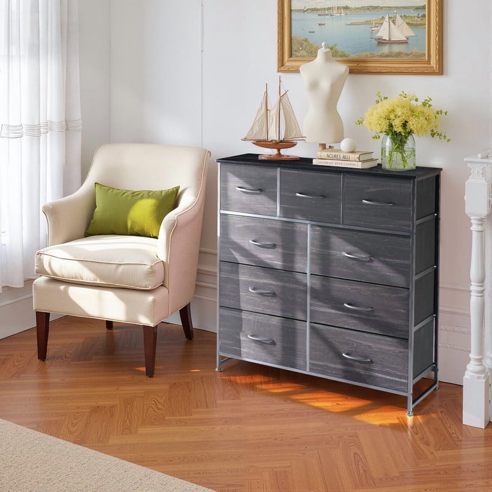 Simenmax 9 Drawers Dresser for Bedroom, Tall Fabric Closet Chests Organizer Tower Furniture with Wooden Top Metal Frame for Bed Room, Living Room, Hallway, Entryway,Black Wood