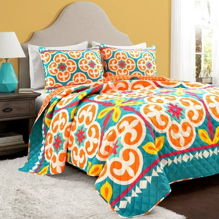 Lush Decor Boho Floral Reversible Oversized Quilt Turquoise/Orange 3Pc Set Full/Queen