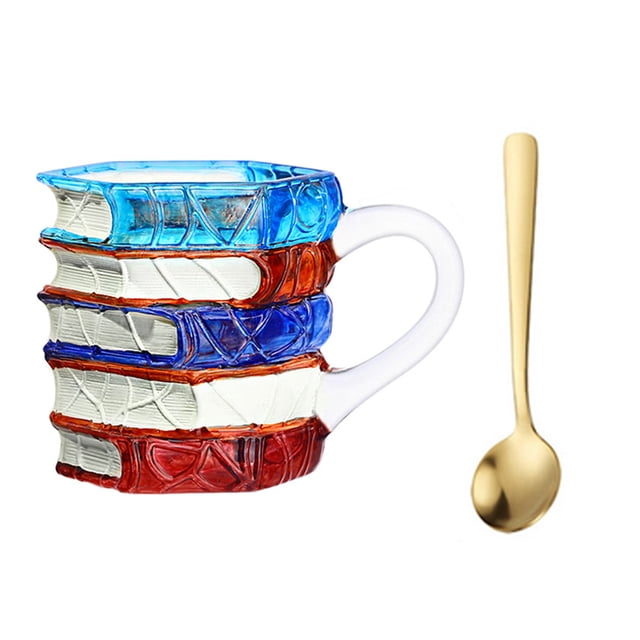 Taza de libro pintada a mano, diseño de vidrio 3D, novedosa taza de café con libros apilados, regalo literario para profesores y amantes de los libros.