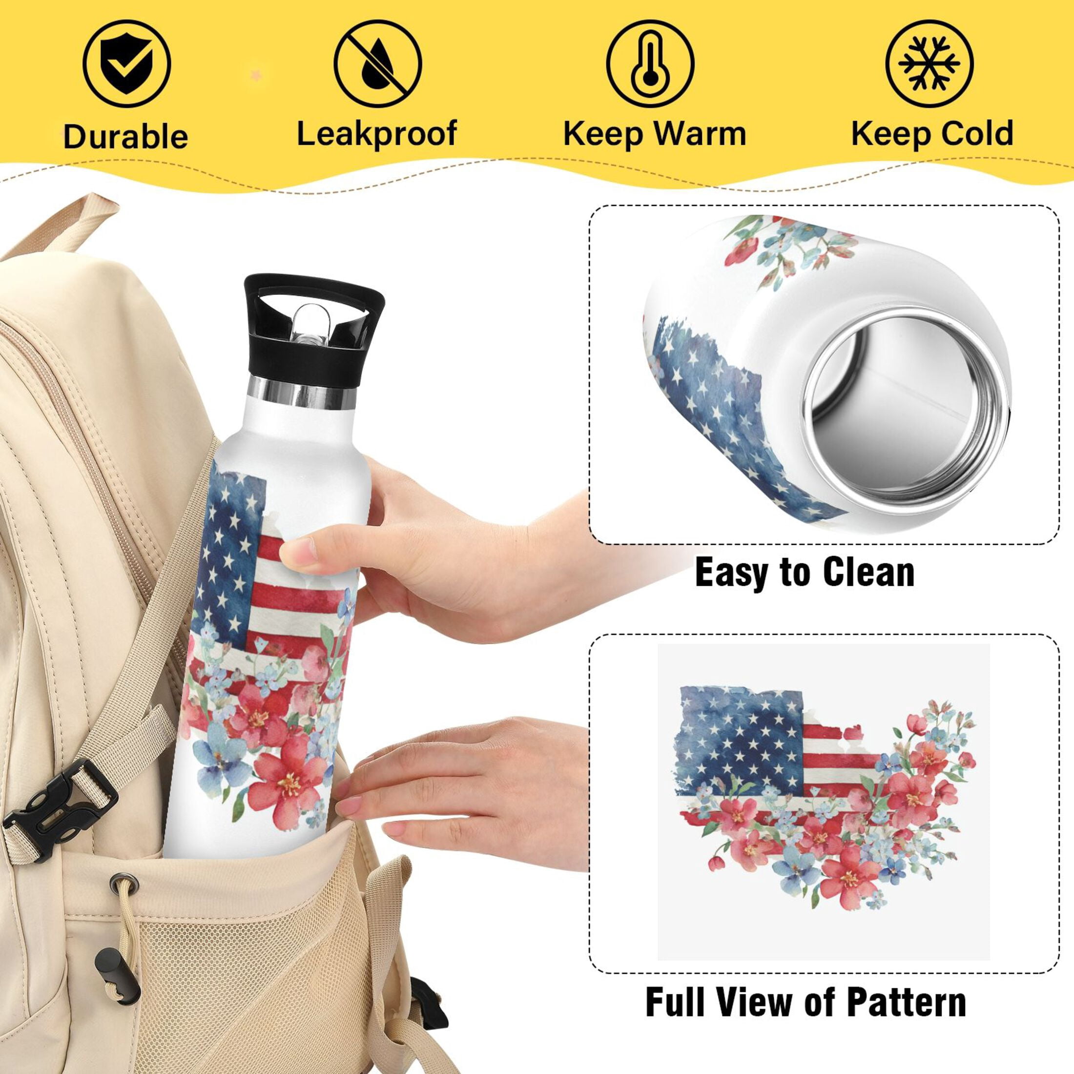 Kids Insulated Stainless Steel Sports Water Bottle 600ml (20oz) Watercolor Flag with Flowers