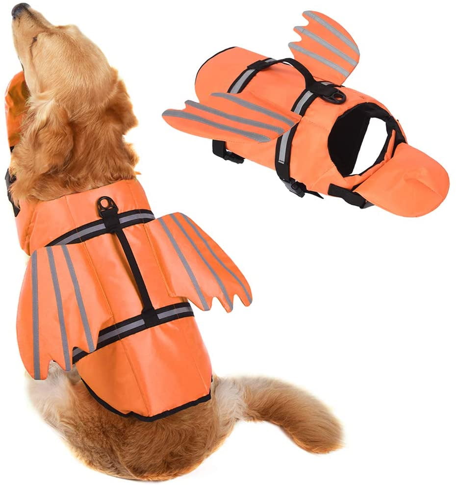Adjustable Pet Floatation Life Vest Dog Swimsuit with Reflective Stripes & Rescue Handle Kuoser High Visibility Dog Life Jacket Shining Fish Scales Dog Lifesaver Swimwear for Pool Beach 