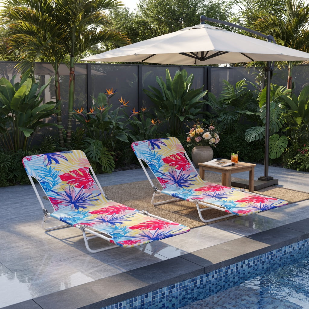 Hommoo 2-Pack Lay-Flat Beach Recliner Chairs, 5-Position Adjustable Backrest, Foldable Metal Frame, Carry Strap, Perfect for Beach, Pool & Camping, Pink