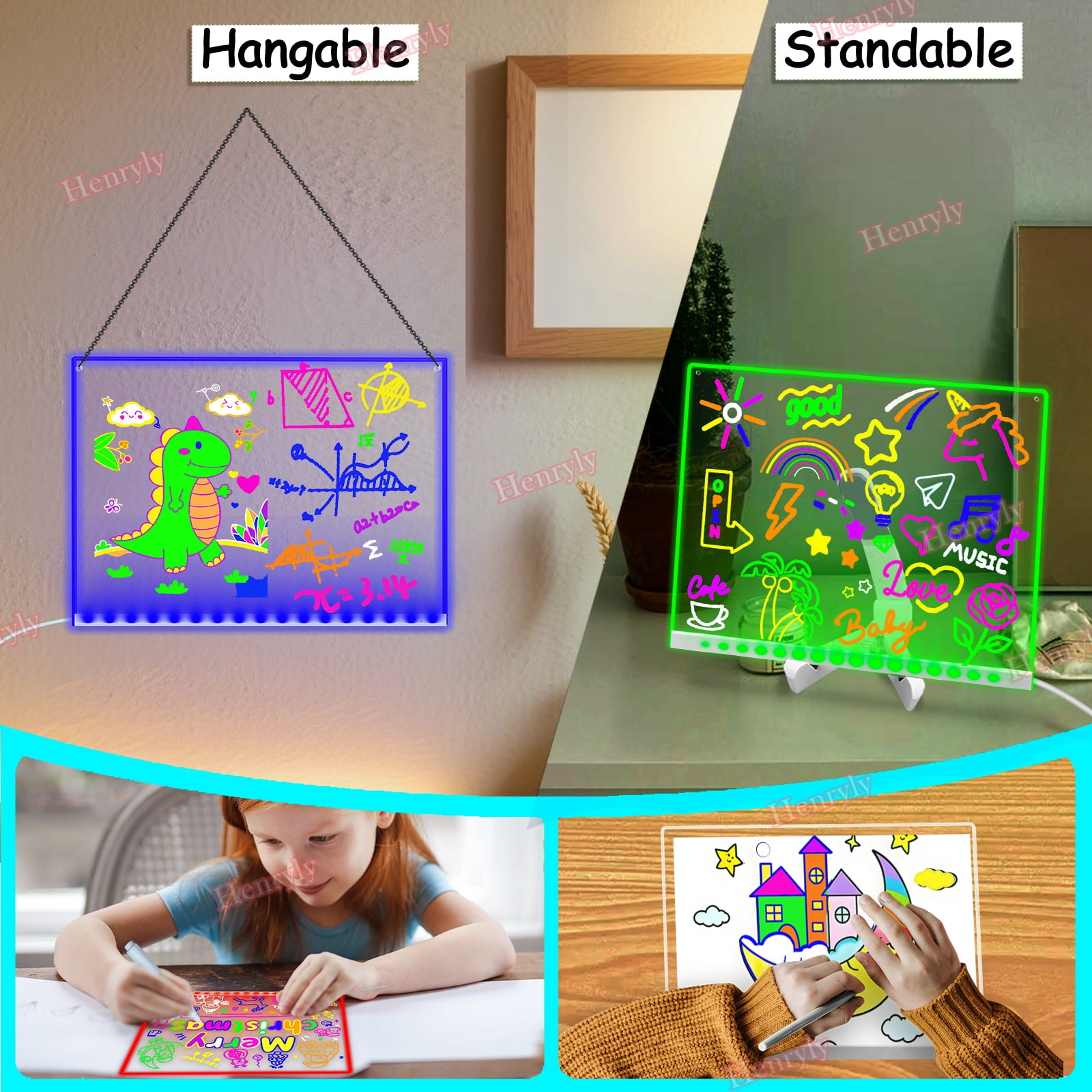 11.8 X 7.9 Inchs 7 Colors Change Acrylic Dry Erase Board, Light up LED Note Board To Do List Desktop Clear Memo Note Board with Remote Control, Glowing Letter Message Drawing Menu Boards