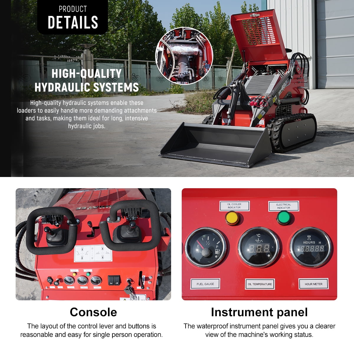 HUAYEE HY480C Mini Skid Steer Loader 23HP V-Twin Gas Engine - Tracked, Stand-On, Triple Pump Triple Valve - w/ Log Grapple & Delivery/Unloading Included