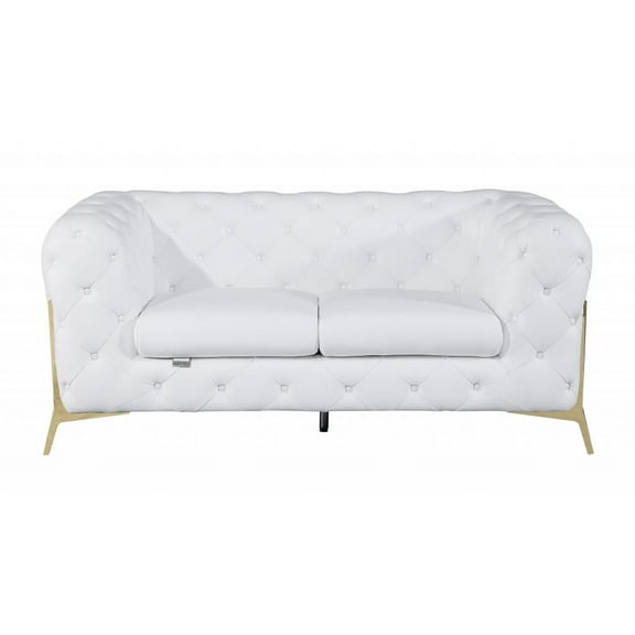 69" White All Over Tufted Italian and Gold Leather Love Seat