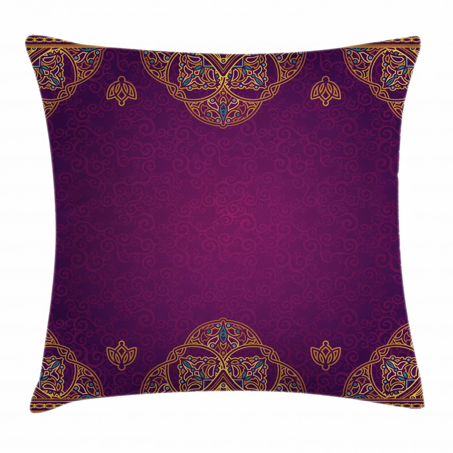 Purple Throw Pillow Cushion Cover, Eastern Style Ornamental Gold Lace