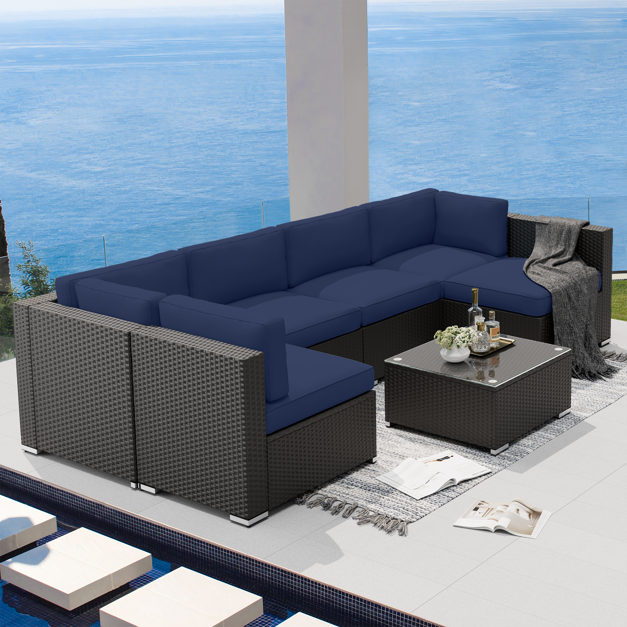 SUNCROWN 7-Piece Outdoor Patio Furniture Sofa Set All-Weather Black Wicker Sectional Conversation Set with Modern Glass Coffee Table and Cushions, Backyard, Garden, Deck, Dark Blue