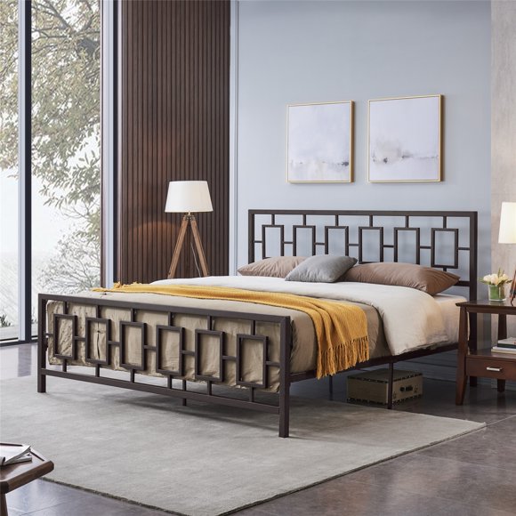 Classic King Size Metal Bed Frame With Vintage Headboard, No Box Spring Required, Under Bed Storage, White,Copper