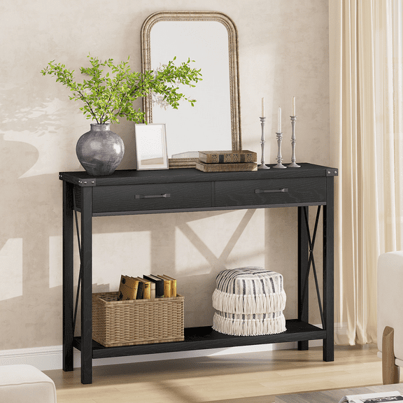 Farmhouse Gray Console Table with 2 Drawers and Storage Shelf – Wooden Sofa Table for Entryway, Living Room, Hallway and Foyer