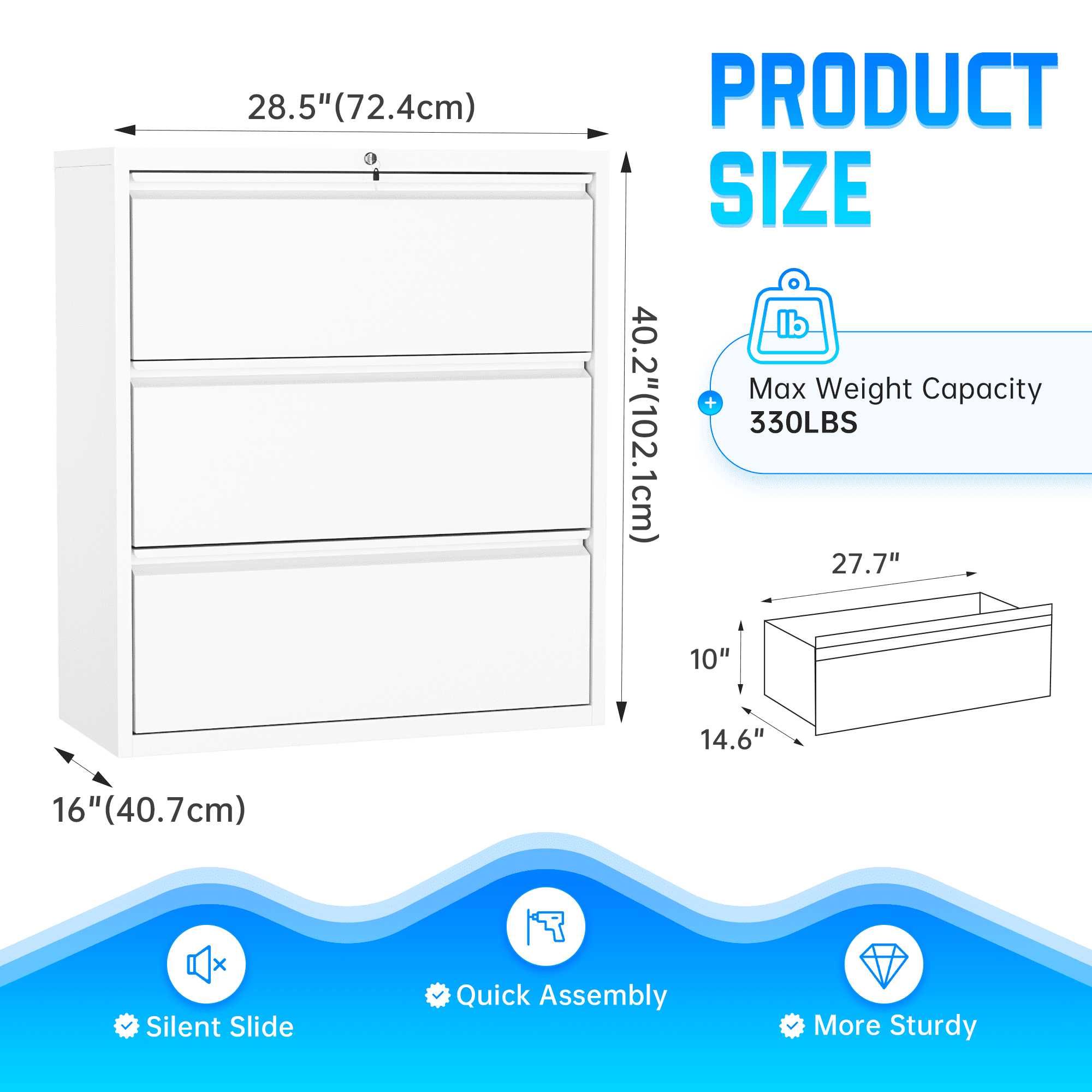 SUNCROWN 3 Drawer Filing Cabinet, White Lateral File Cabinet with Lock, Lockable Metal File Cabinets with Adjustable Hanging Bars&2 Keys, Locking File Cabinet for Home Office, Legal/F4/Letter, Etc