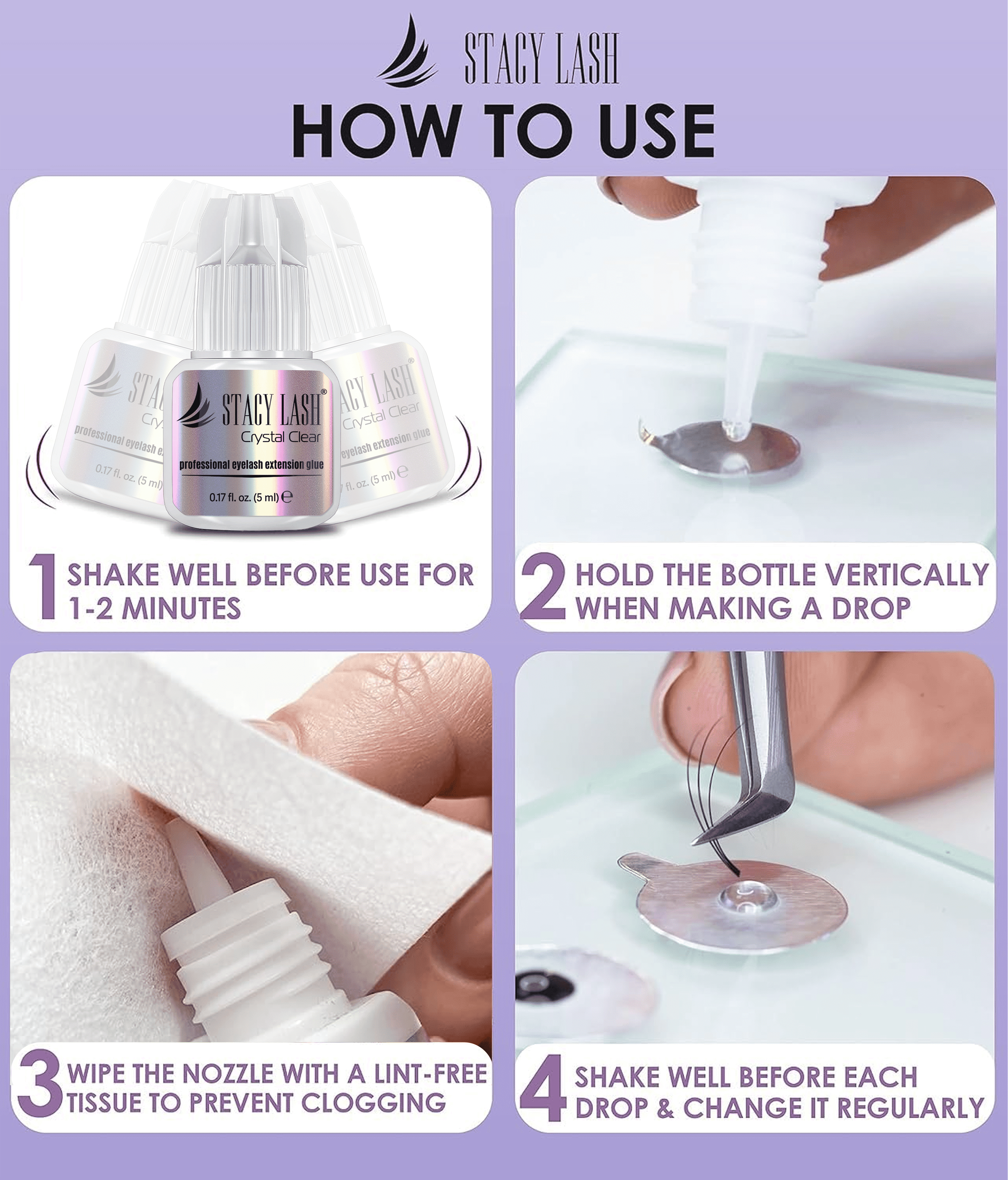 Stacy Lash Crystal Clear Adhesive (0.17fl.oz / 5ml) / Cyanoacrylate Eyelash Extension Glue / Transparent and Carbon Black Free Formula / Professional Use Only