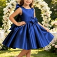 thumbnail image 5 of Girls' Satin Sleeveless Formal Party Dress, Square Neck, Large Bow Decor, Flared Swing Midi Skirt, Flower Girl Style, Suitable For Wedding Ceremonies, Birthday Banquets Dark Blue 0-1 Years, 5 of 6