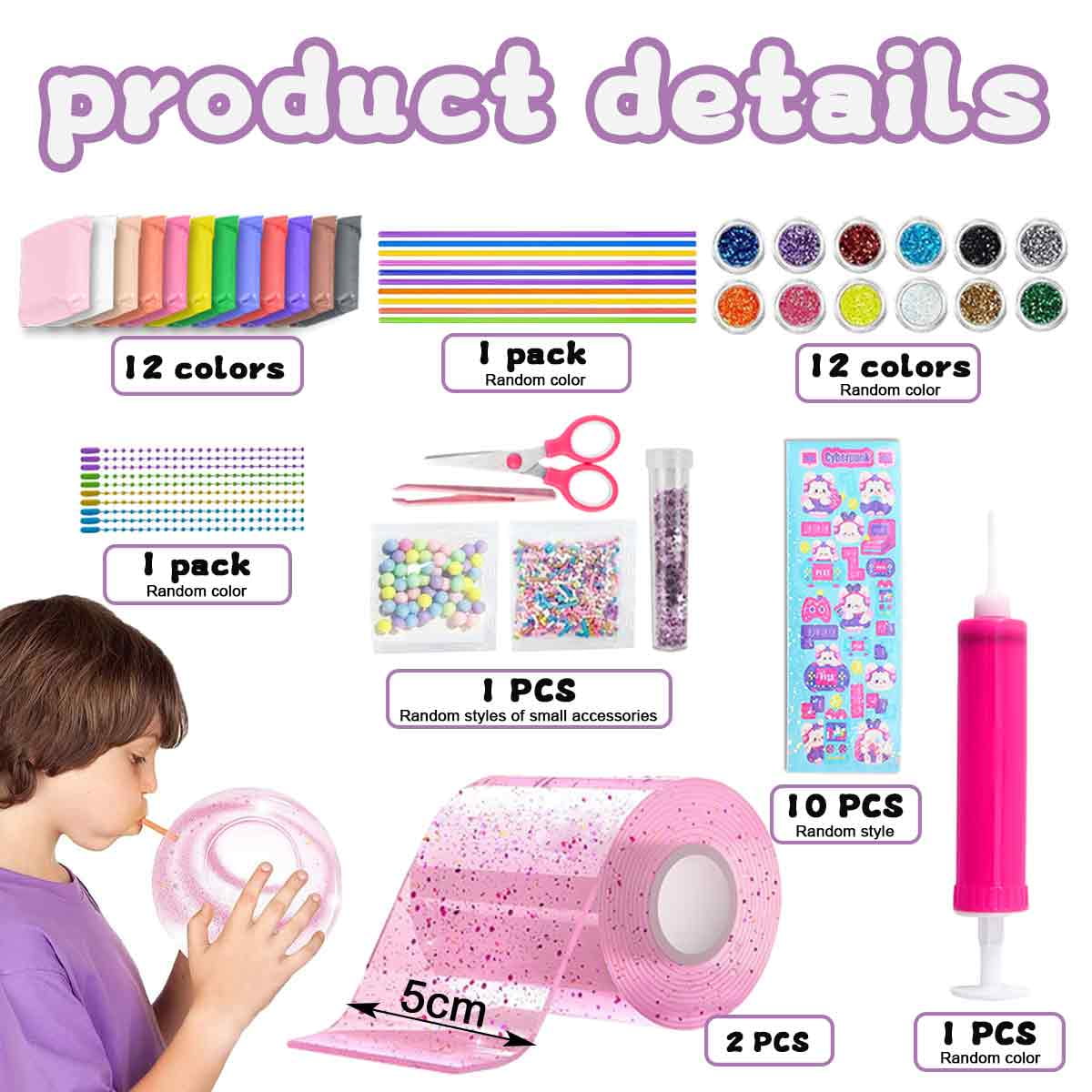 62Pcs Nano Tape Bubbles Set, 3M Nano Double Sided Tape, 2 Rolls Colored Bubble Tape, Magic Bubble Tape Toy Kit, Nano Tape Bubble Craft Kit For Girls, Boys - Pink