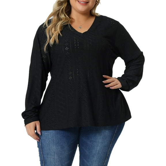 Unique Bargains Women's Plus Size V Neck Long Sleeve Hollow Blouse Tunic Tops 1X Black