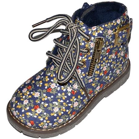 

Toddler Boys Girls Genuine Leather Fur Lined Floral Print Side Zipper Lace-Up Winter Ankle Boots