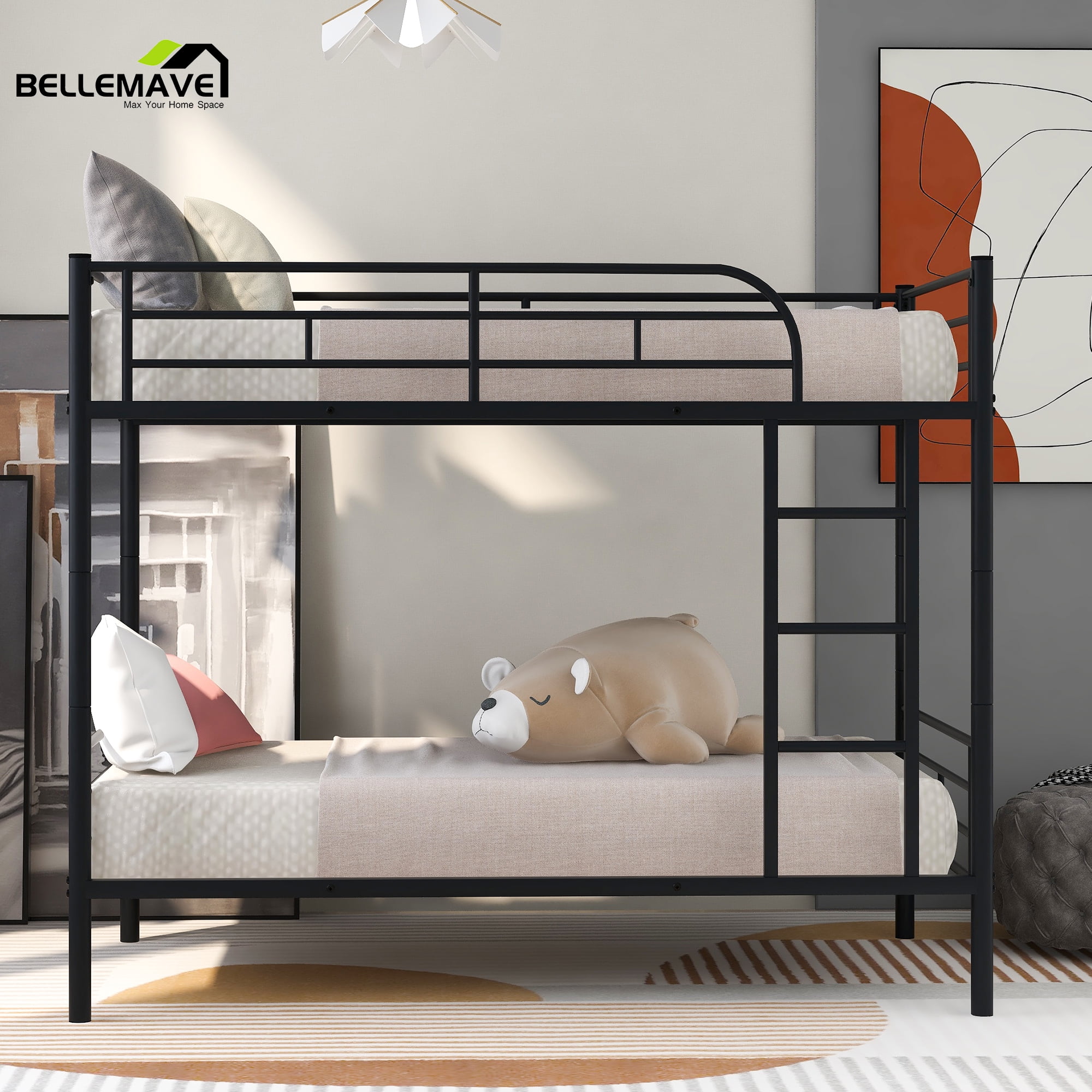 Bellemave Metal Twin over Twin Bunk Bed Frame with Ladder, Guardrail