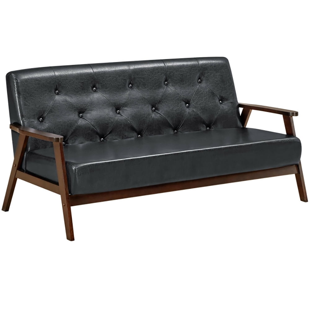 Finihen Upholstered Sofa Couch, Leather Couch, 3-Seater PU Leather Upholstered Sofa Couch with Rubber Wood Legs, for Living Room, Bedroom, Black