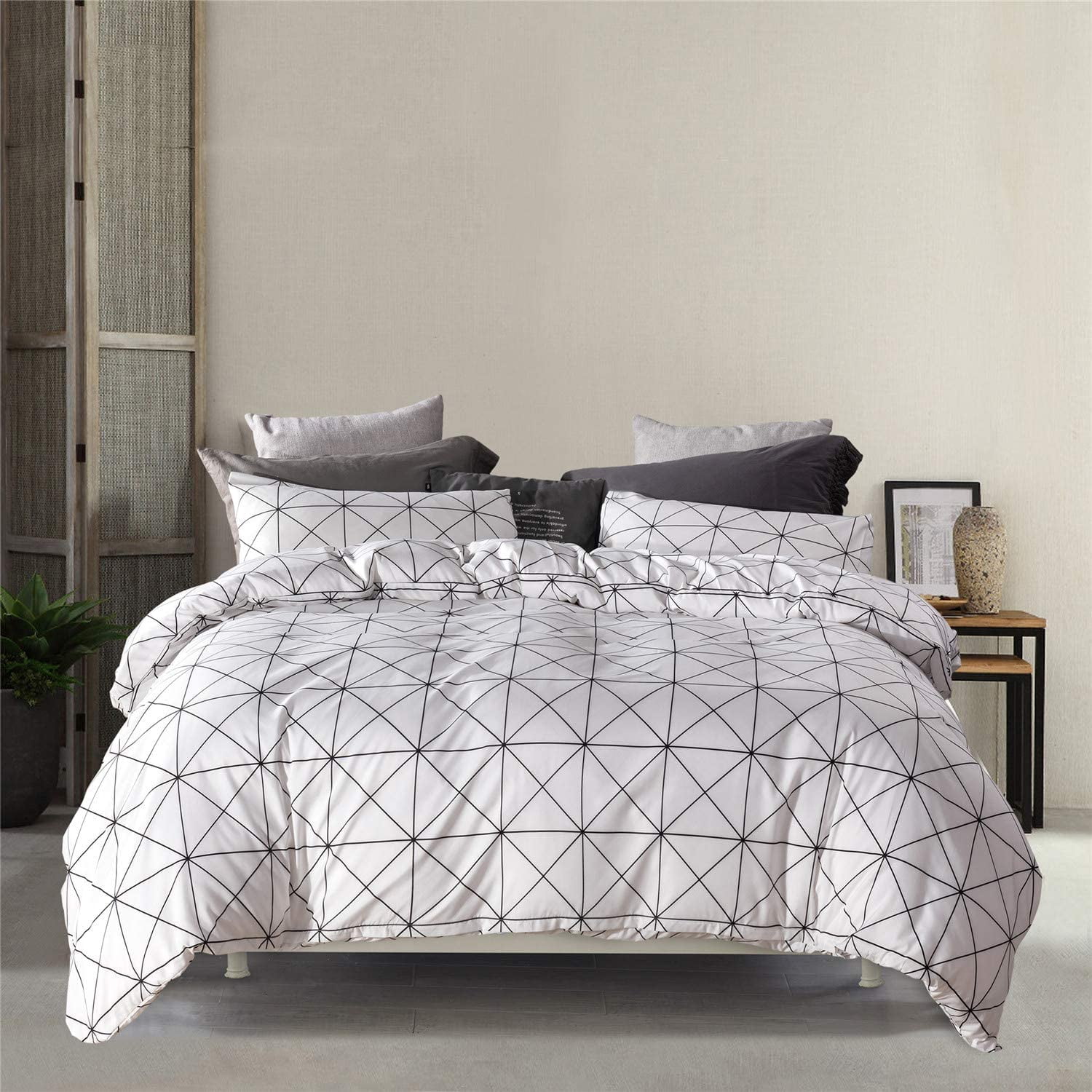 BuLuTu Geometric Triangle Print Navy/Grey Duvet Cover Set Twin Cotton for Kids Teen Boys Girls Adults with Zipper Closure and Ties,Twin Size,No Comforter 