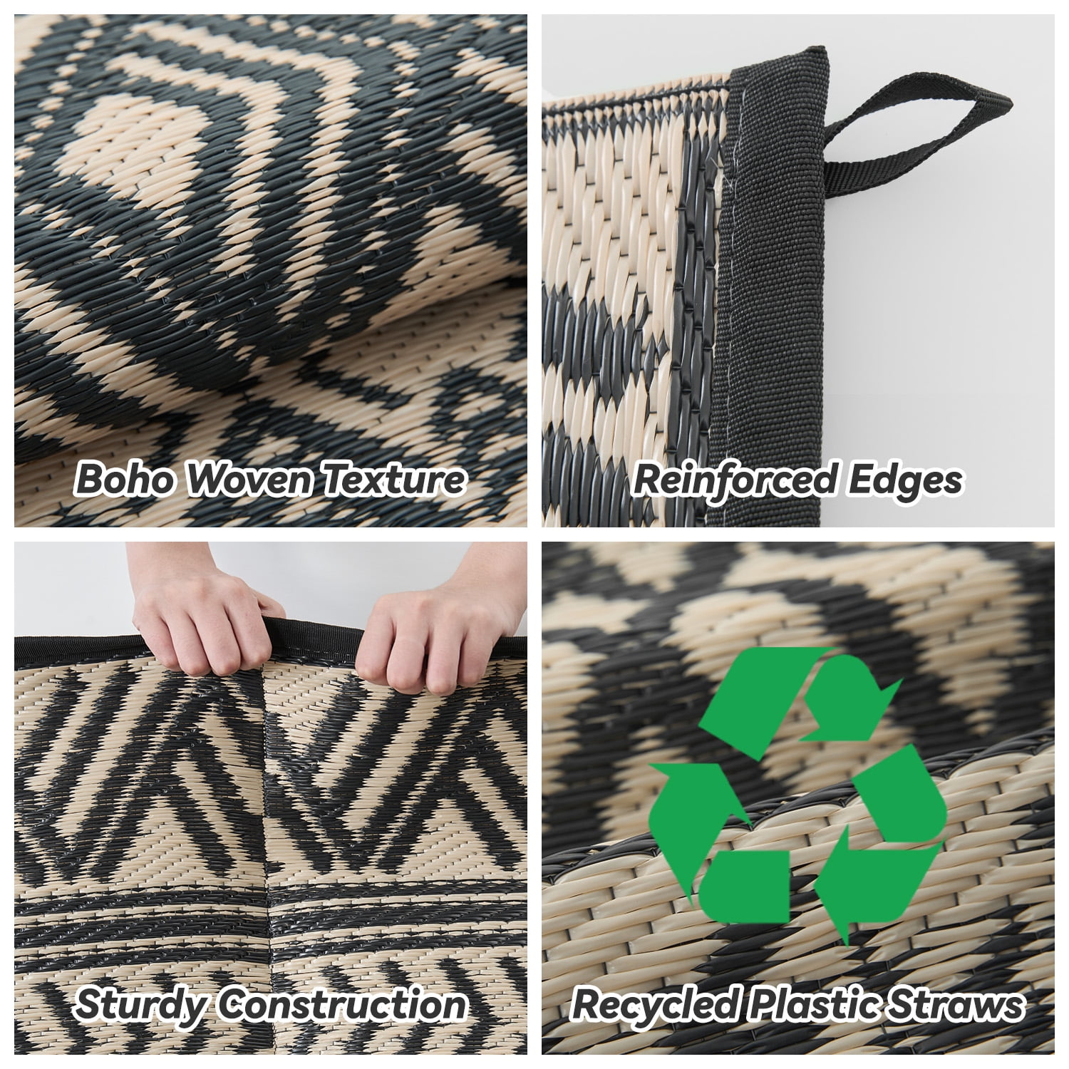 SIXHOME Outdoor Rug 5'x8' Waterproof Reversible Patio Rug Boho Geometric Indoor Outdoor Rugs Lightweight Plastic Straw Ourdoor Carpet for RV Camping Deck Balcony Modern Porch Decor Black and Beige