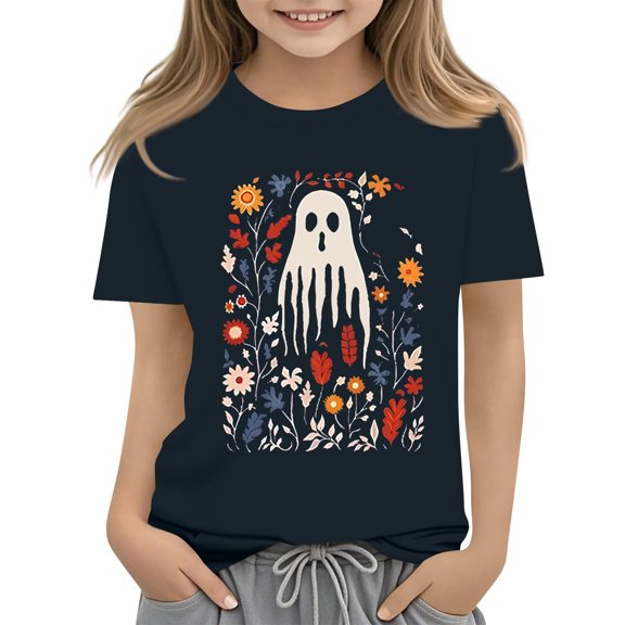 Abcomgle Halloween Shirts for Girls Size 10-12 Spooky Ghost Floral Tshirts for Kids Crewneck Short Sleeve Tshirts for Girls Fall Funny Holiday Top for Girls