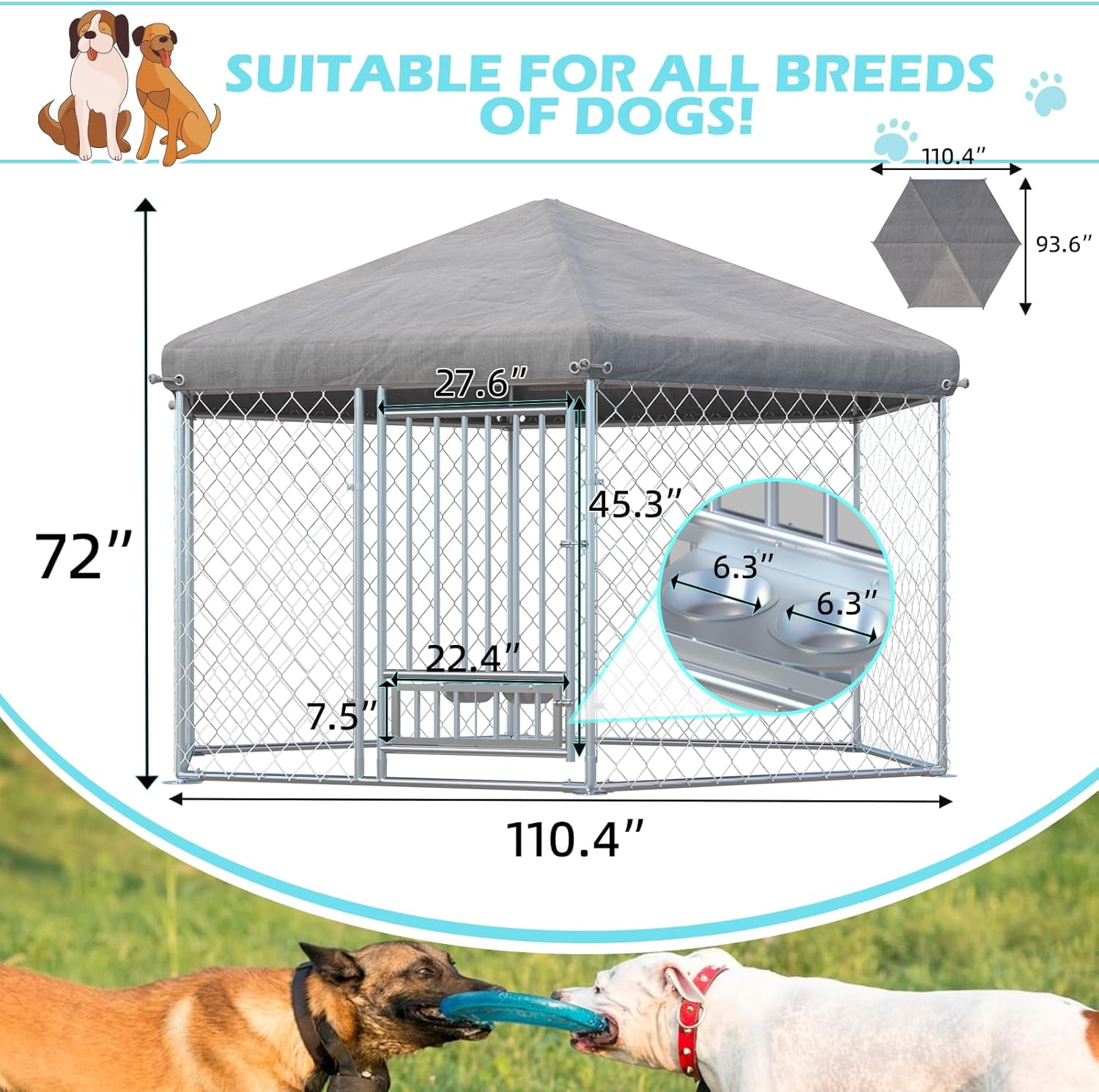 MELLCOM 9'x8'x6' Dog Cage, Dog Kennel Outside, Large Dog Pen, Dog Fence Outdoor for Yard, Sliver