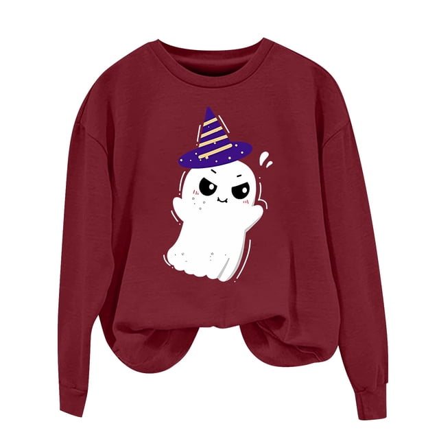 NMMUED Chandail d'Halloween pour Femmes, Chandails Surdimensionnés pour Femmes, Col Rond d'Halloween, Hauts Mignons pour Femmes, Chandails d'Halloween pour Femmes, Chandails Graphiques pour Femmes, Bourgogne 3TG