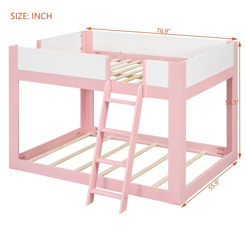 Full-Over-Full Low-Profile Bunk Bed with Guardrails, Wooden Kids Bed with Reversible Ladder, Accent Two-Tone Bed Frame