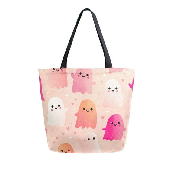 Open Top Canvas Tote Bag with Zipper Reusable Shopping Bag 13.5x15" Roomy Carryall Cute Light Pink Ghost