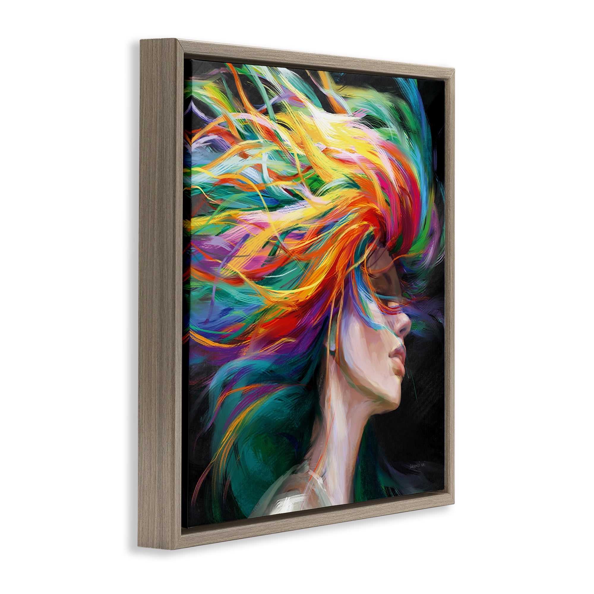 Stupell Industries Woman with Rainbow Hair People Painting Brown Floater Framed Canvas Art Print Wall Art, 18 x 18