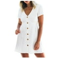 thumbnail image 2 of Usmixi Womens Dresses Casual Solid Elastic Waist Swing Button A Line Shirt Short Sundress Summer Plain V-Neck Short Sleeve Formal Mini Dress White XXL, 2 of 7