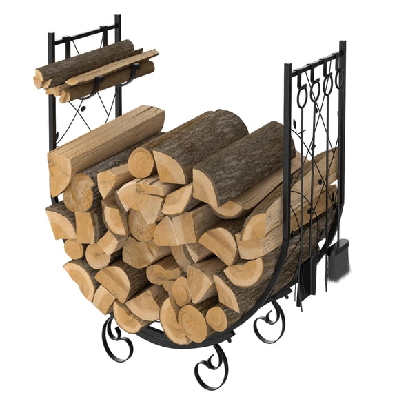 4-in-1 Indoor Outdoor Firewood Rack with Fireplace Tools Set, Wood Holder with Hook, Broom, Shovel & Tongs for Patio or Home