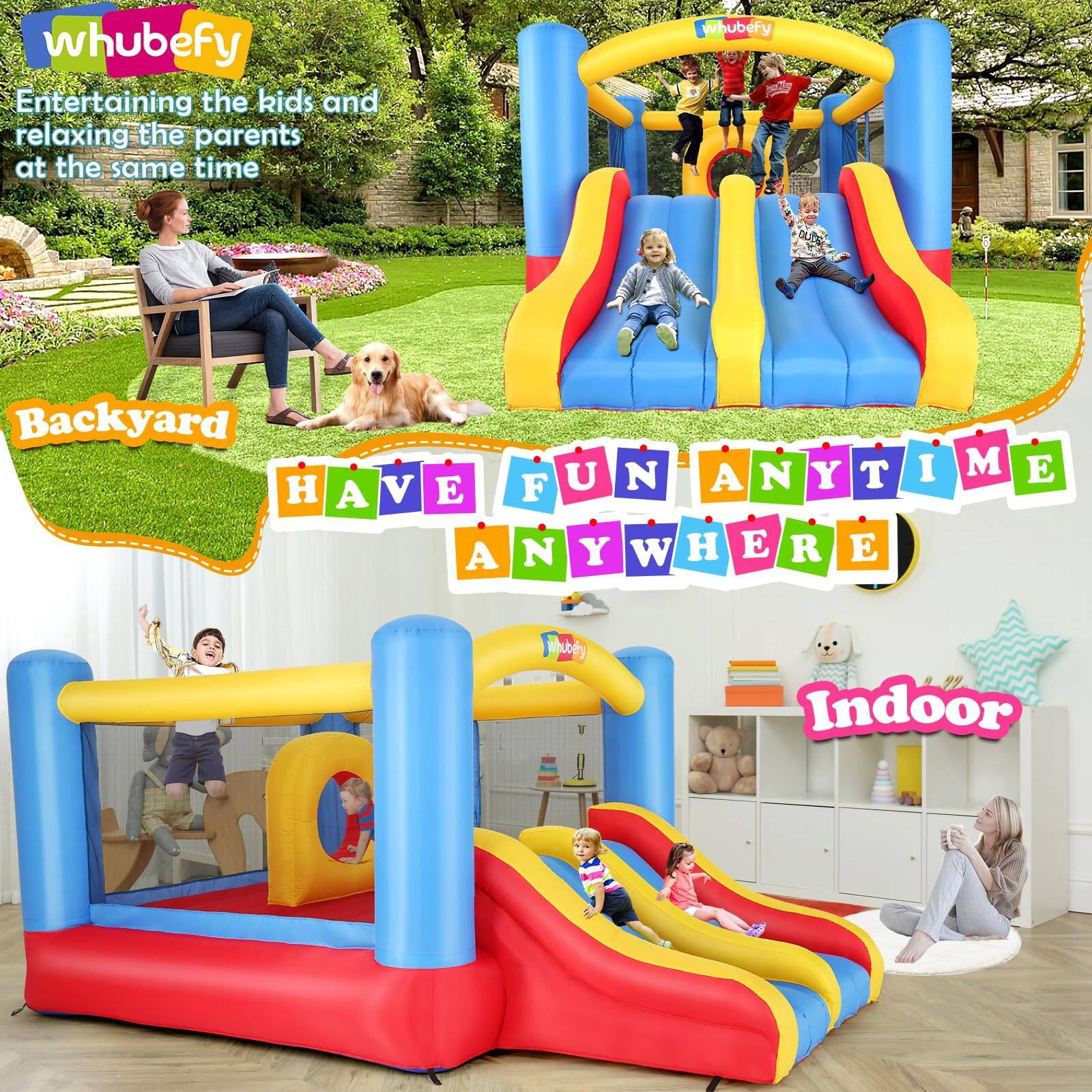 Adnoom Bounce House with Double Slides, Large Bounce House and Obstacle Course, Kid Bounce Castle with 370W Blower, Inflatable Bounce House for 3~4 Kids, Indoor & Outdoor