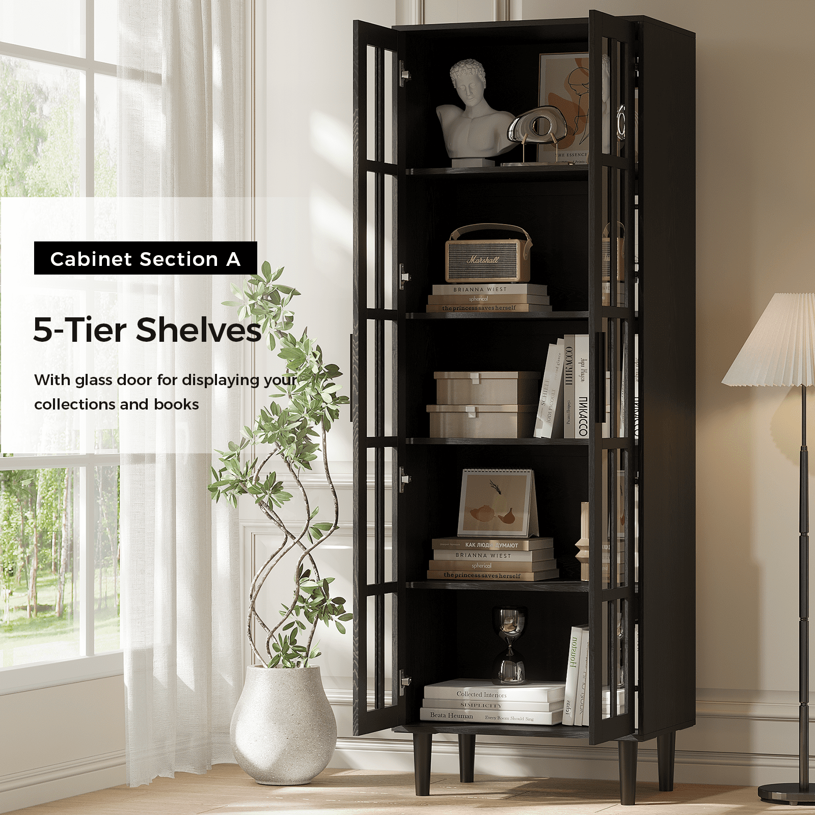 RichYa 3Pcs Bookcases with Doors,5-Tier Bookshelves with Storage Cabinet,Combination Display Cabinets for Home Office,Black(AAA)