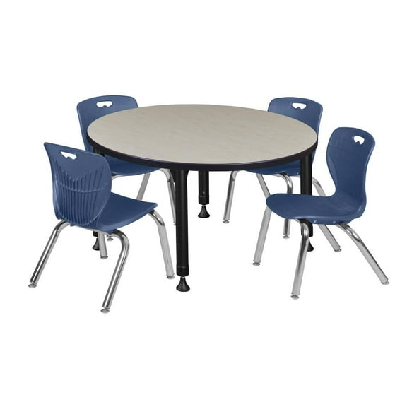 Regency Kee 36" Round Height Adjustable Classroom Table - Maple & 4 Andy 12-in Stack Chairs- Navy Blue