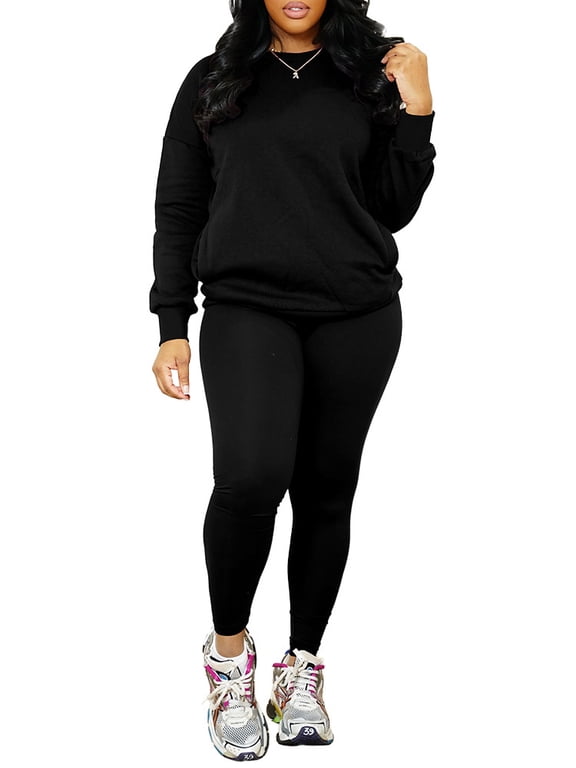 2 Piece Outfits For Women Sweatsuits Sets Casual Long Sleeve Pullover Jogger Sweat Pants Set With Pocket-Black-L